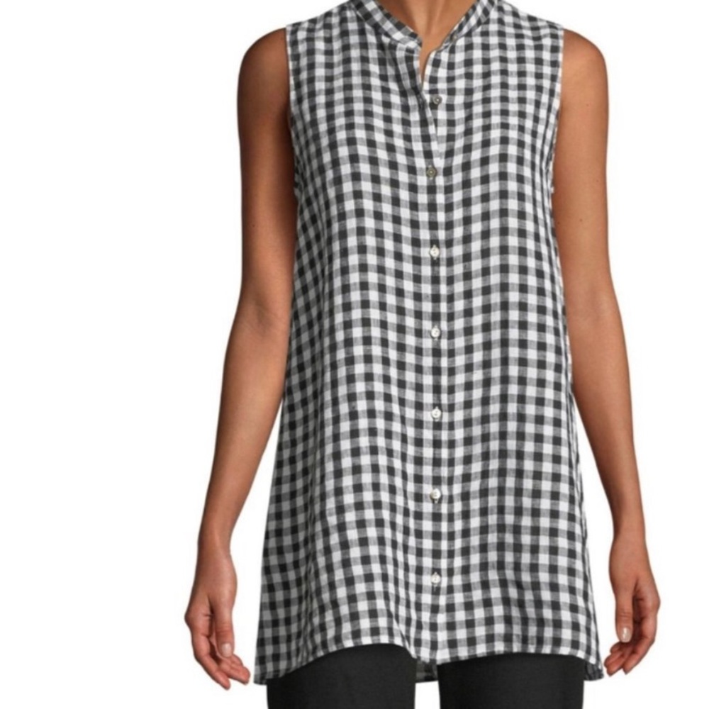 Eileen Fisher 100% organic Linen sleeveless black and white checkered top | 1X